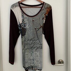Long Sleeve Abstract Comfy Tunic Round Neck Brown Blue XXL